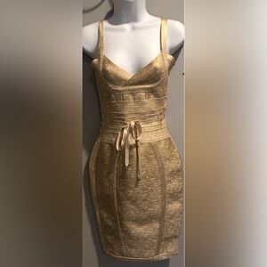 Authentic Herve Leger Gold Bandage Midi Dress with Tie Waist size XS